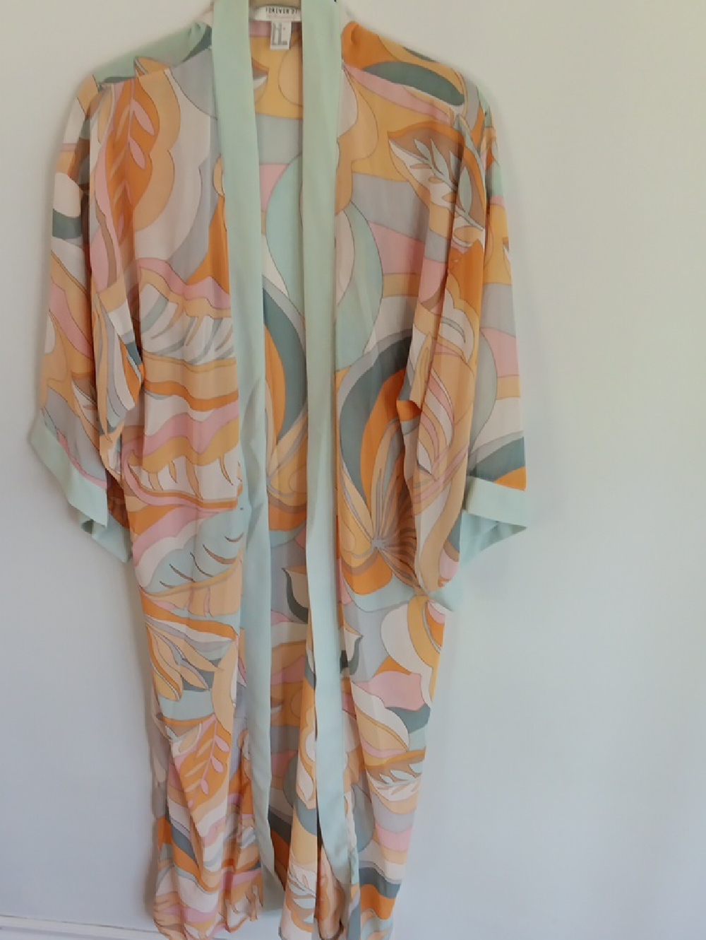 Forever 21 Vintage Style Pastel Swirl Kimono Coverup -Peach, Cream & Mint Trim S